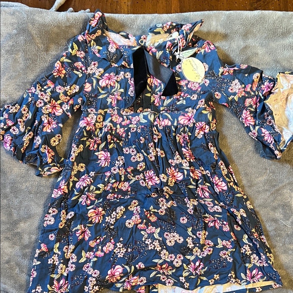 Lil Lemons Floral Kids Dress with Ruffled Sleeves and velvet bow detail